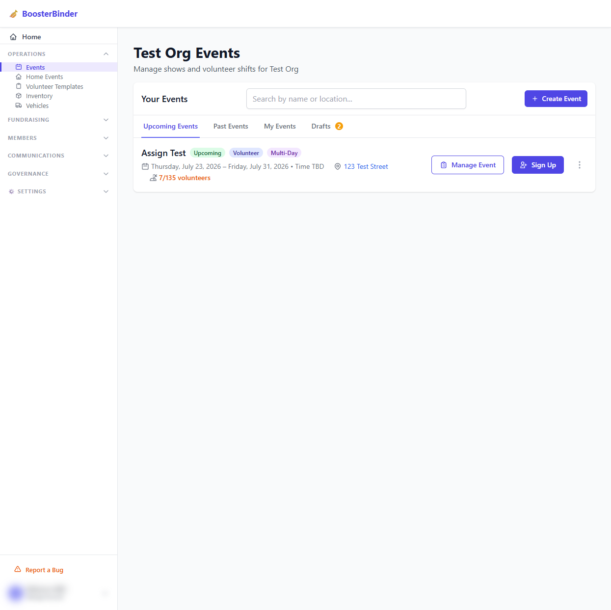 Events Calendar View Screenshot